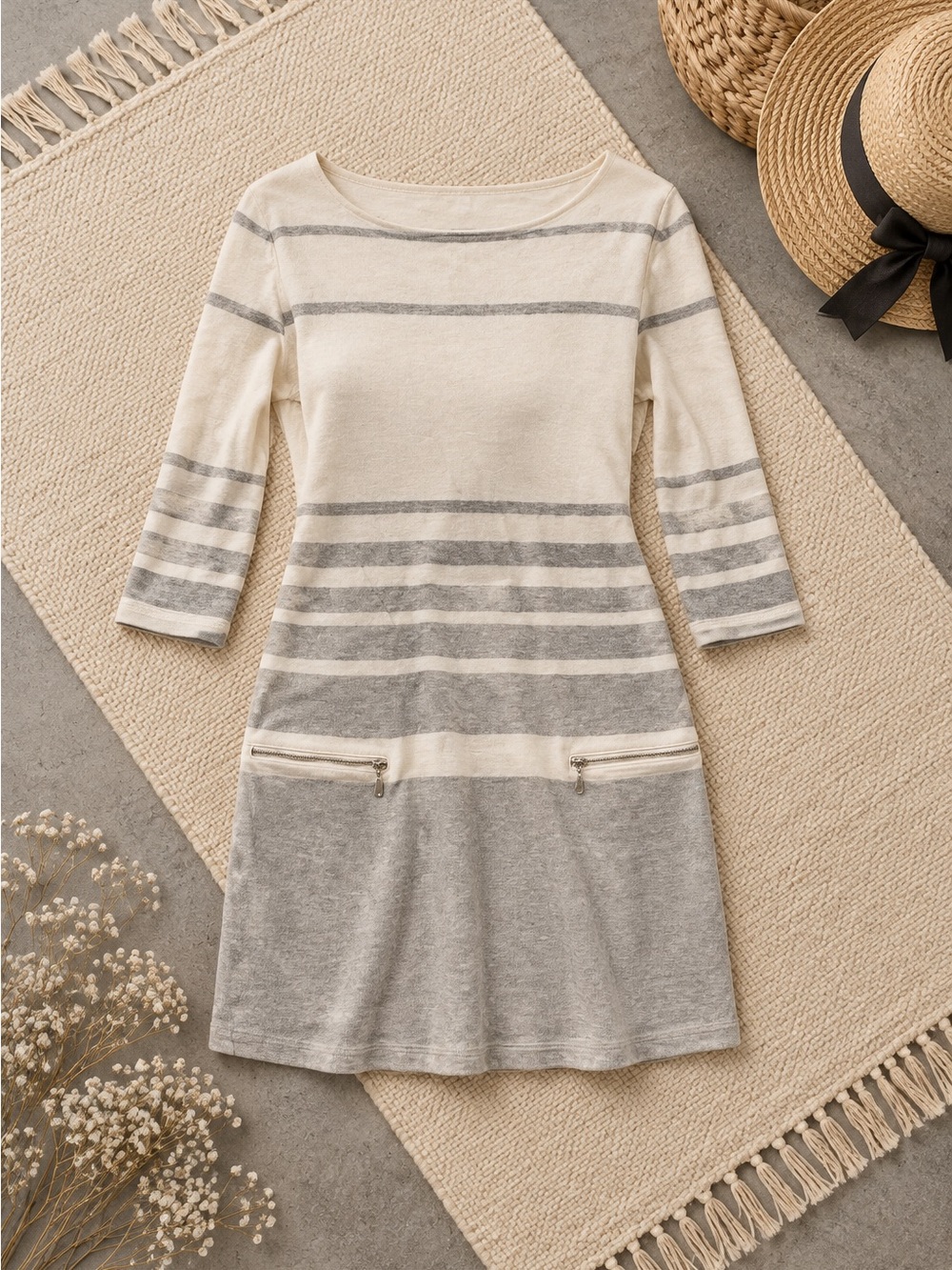 Joan Vass Cream and Light Gray Striped Boatneck Knit Dress